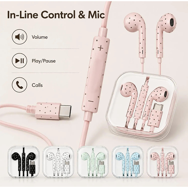 Type C Wired Earphones With Mic - 타입 C 이어폰 폴카 도트 스타