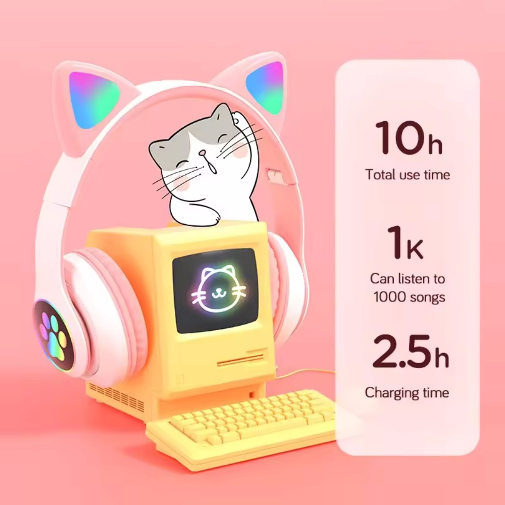 어린이 소녀들을 위한 귀여운 고양이 귀 무선 헤드셋 L - Cat Ear Bluetooth Headset Led 리뷰 및 가격