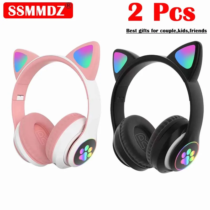 2 Pcs 무선 헤드셋 블루투스 음악 헤드폰 그라디언트 - Cat Ear Bluetooth Headset Led 리뷰 및 가격